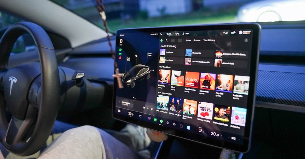 Close-up of a Tesla's digital dashboard showcasing entertainment options in Garešnica.